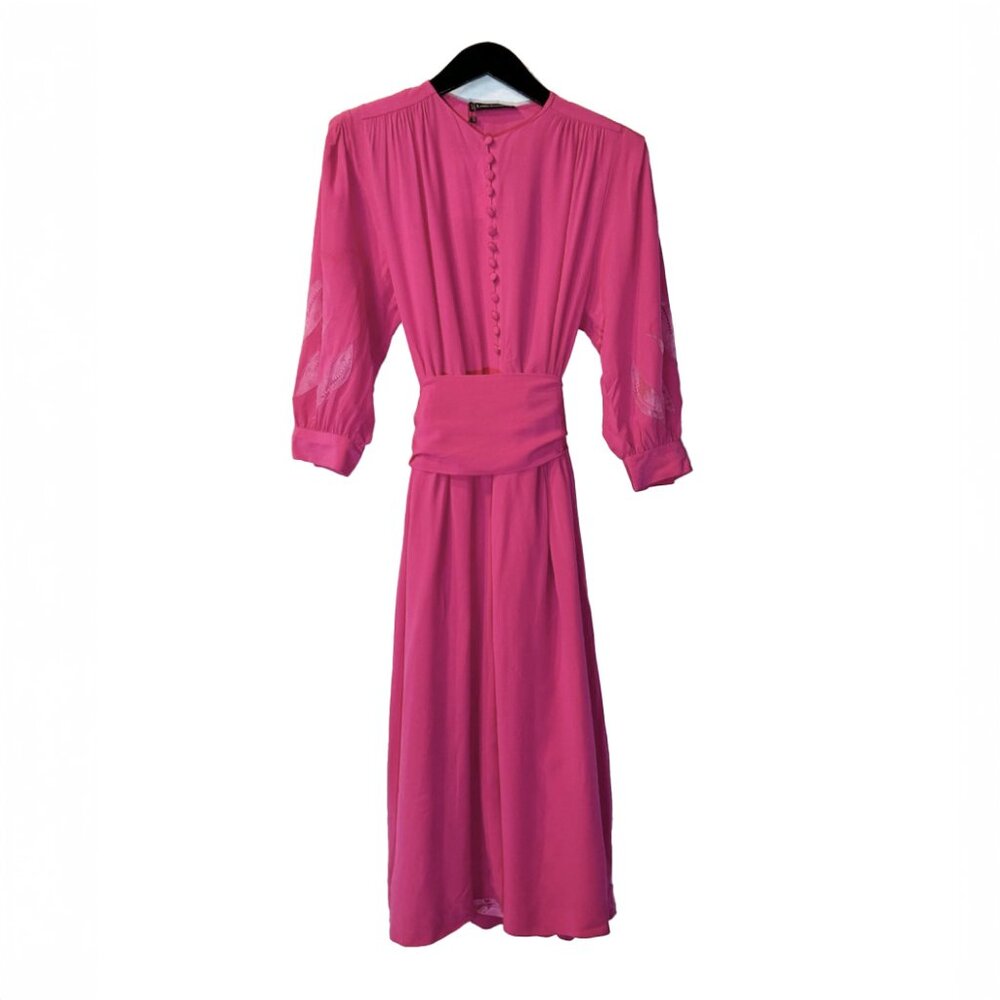 Louis Féraud Vintage 100% Silk Fuchsia Midi Dress with Belt - US6, UK10